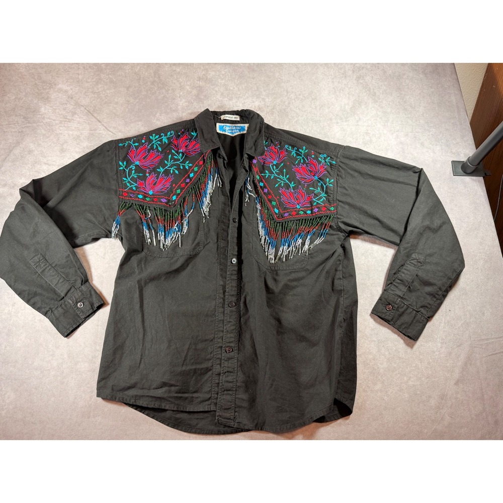 Southwest Canyon Vintage 1993 Beaded Fringe Embroidered Western Shirt Black M - Picture 1 of 5